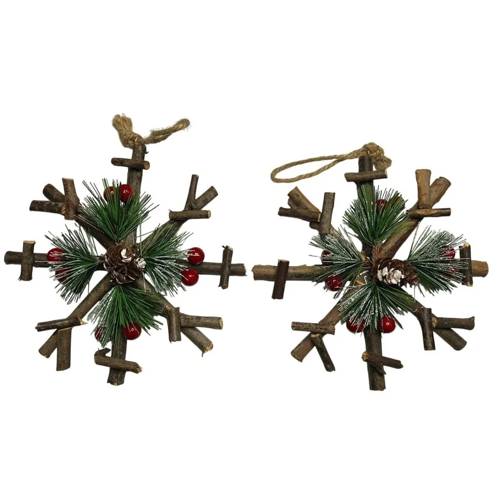 Set of 2 Rustic Twig Snowflake Ornaments Pinecone Berry Christmas Decor 6.5